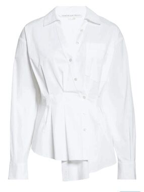 Veronica Beard White Asymmetric Pleat Button-Up Shirt